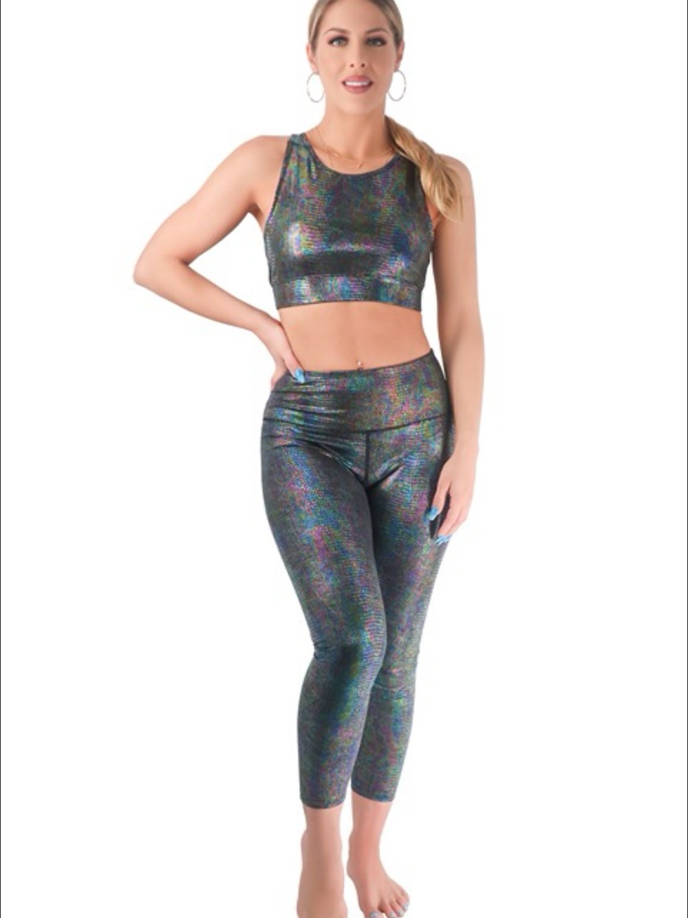 Holographic High-Waist Crop Top & Leggings Set - Iridescent Black